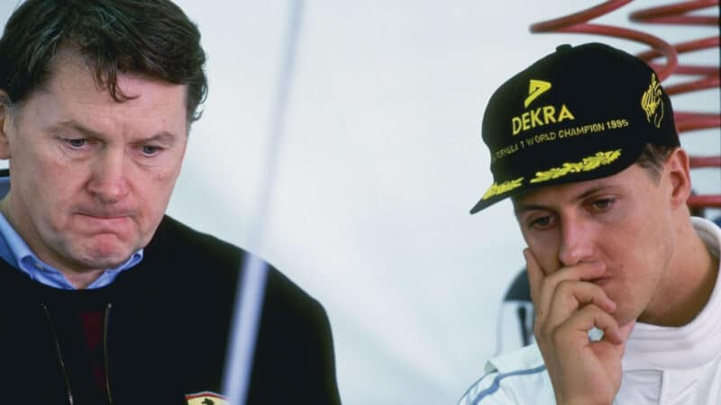 Barnard with Michael Schumacher at F1 testing, Estoril 1996