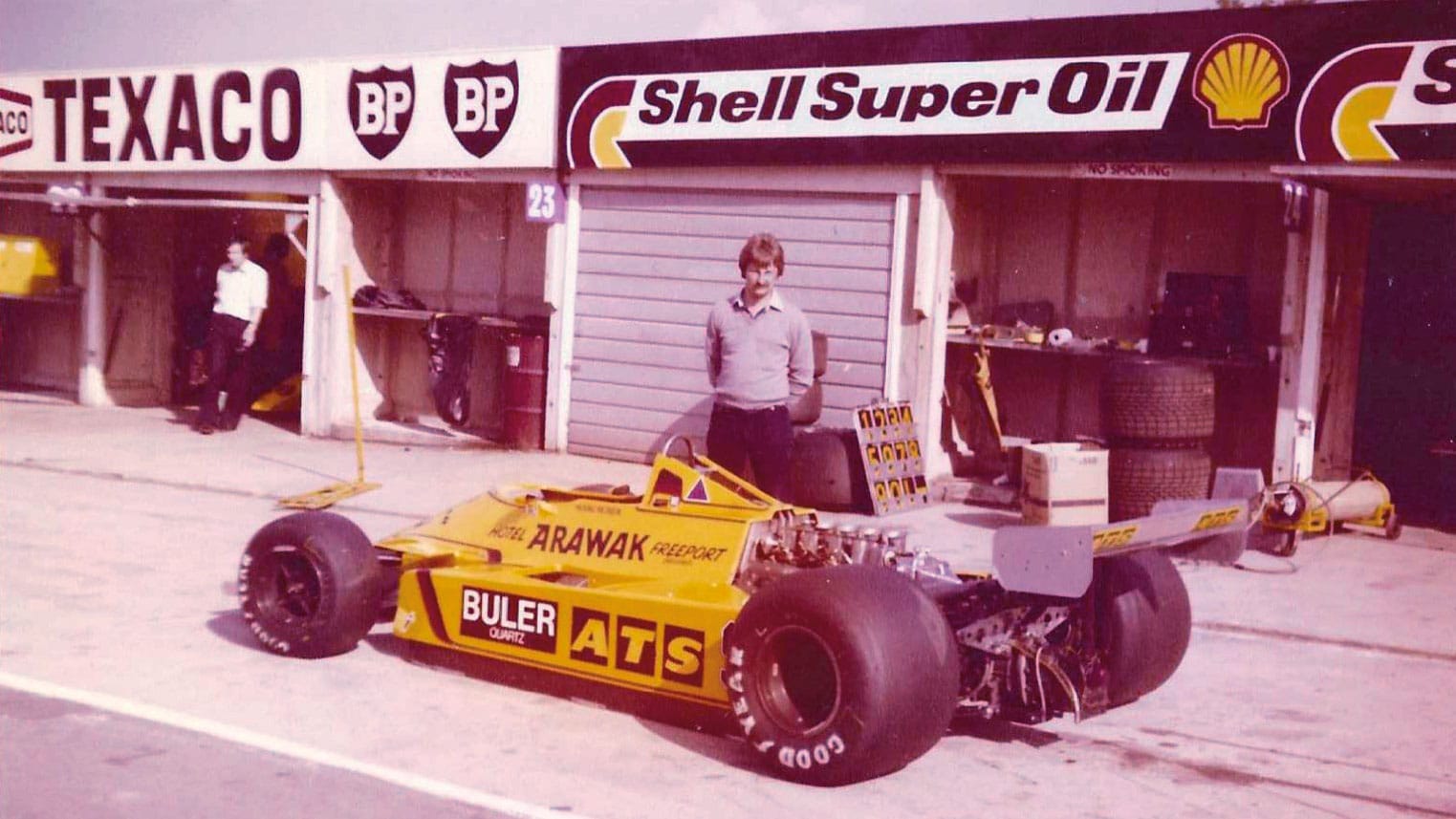 David Lund stands behind a ATS D4 at Brands Hatch