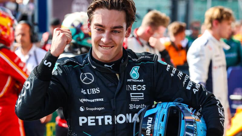 George Russell pumps his fist after finoishing first in the 2024 F1 Belgian Grand Prix