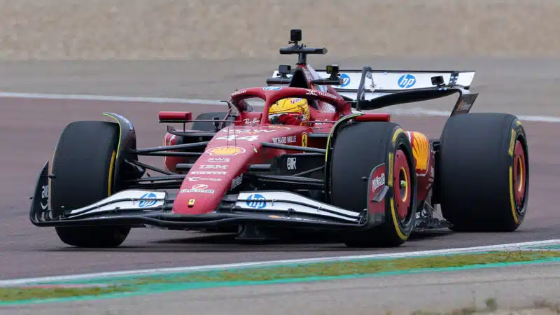 Lewis Hamilton on track at 2025 shakedown of SF25 Ferrari F1 car